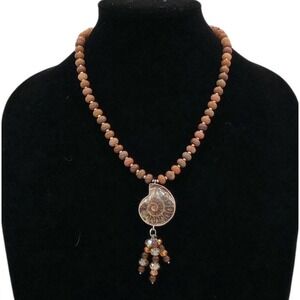 Ammonite Fossil Pendant Necklace Carnelian Agate Beads Statement Jewelry 21”